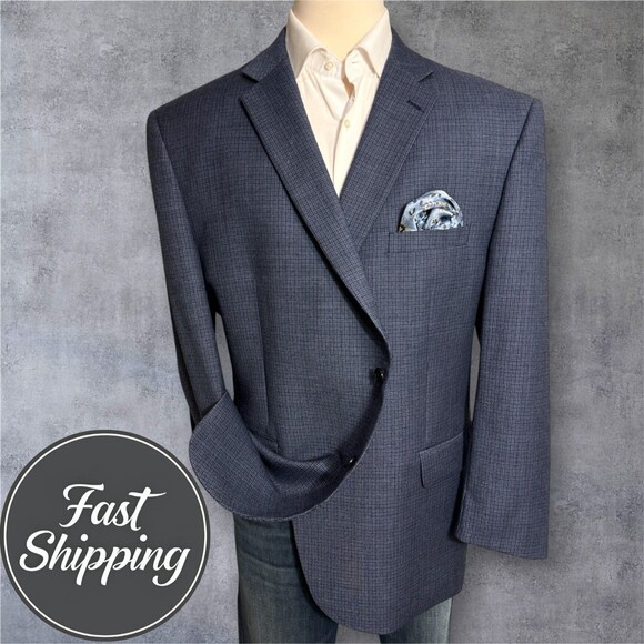 JOS A BANK Mens 52R Navy/Blue Plaid Wool Blazer Sport Coat Two Button Jacket - Picture 1 of 13